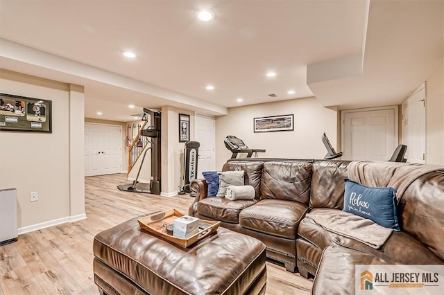 22 Kentnor St, Metuchen, NJ 08840 - living room with light wood finished floors, recessed lighting, and baseboards