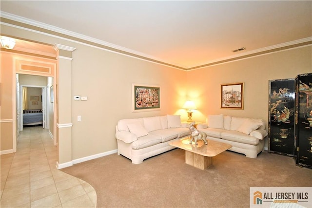 525 Harrier Dr Unit 525, Monroe, NJ 08831 - living area with crown molding, light colored carpet, light tile patterned flooring, and baseboards