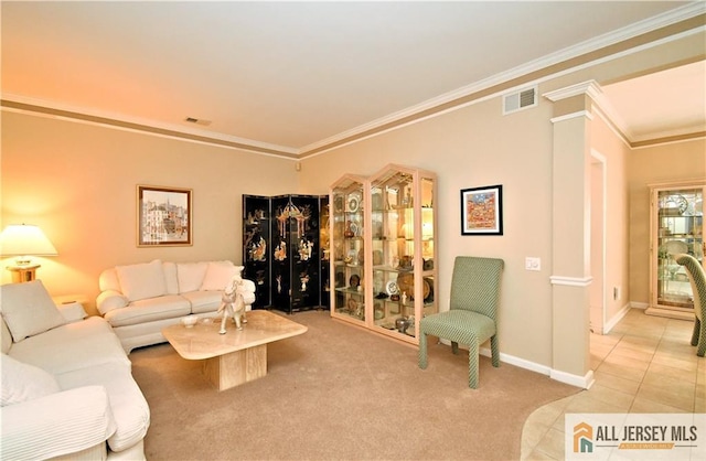 525 Harrier Dr Unit 525, Monroe, NJ 08831 - carpeted living room with ornamental molding, baseboards, and tile patterned flooring