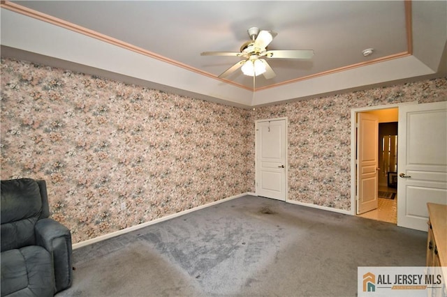525 Harrier Dr Unit 525, Monroe, NJ 08831 - unfurnished bedroom with carpet floors, crown molding, baseboards, a tray ceiling, and wallpapered walls