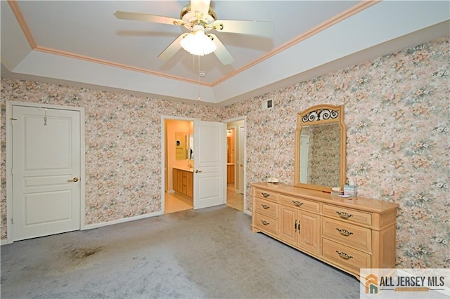 525 Harrier Dr Unit 525, Monroe, NJ 08831 - bedroom featuring ornamental molding, a raised ceiling, carpet flooring, wallpapered walls, and a ceiling fan