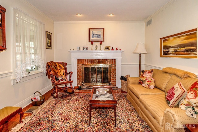 217 Midland Ave, Metuchen, NJ 08840 - living room with wood finished floors, ornamental molding, a brick fireplace, and baseboards