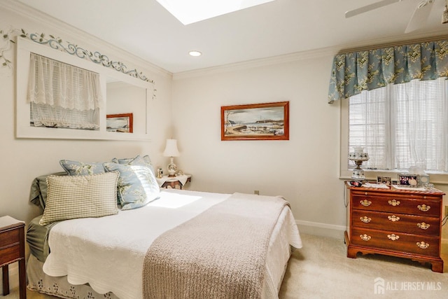 217 Midland Ave, Metuchen, NJ 08840 - bedroom with light colored carpet, crown molding, baseboards, recessed lighting, and a skylight