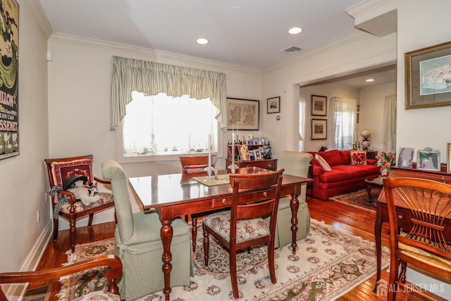 217 Midland Ave, Metuchen, NJ 08840 - dining room featuring wood finished floors, crown molding, and recessed lighting