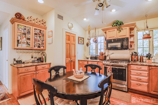 217 Midland Ave, Metuchen, NJ 08840 - kitchen featuring black microwave, gas stove, light wood-style floors, ceiling fan, and vaulted ceiling