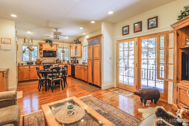 217 Midland Ave, Metuchen, NJ 08840 - living area featuring light wood-style floors, baseboards, ceiling fan, and recessed lighting