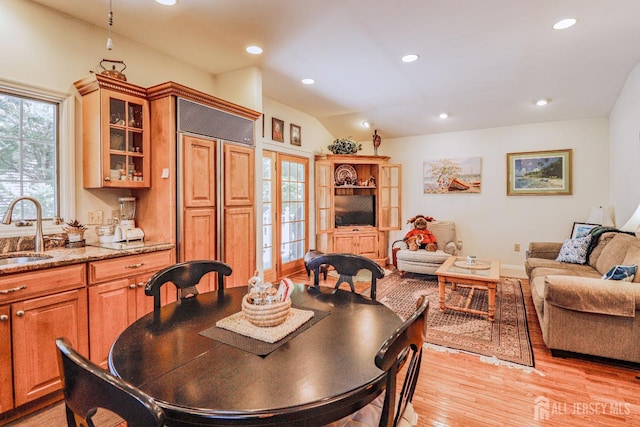 217 Midland Ave, Metuchen, NJ 08840 - dining space with light wood-style floors, lofted ceiling, and recessed lighting