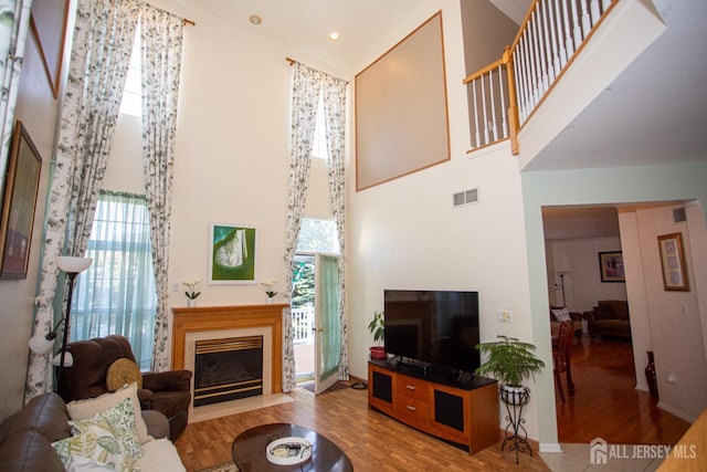 living room featuring a towering ceiling and hardwood / wood-style flooring