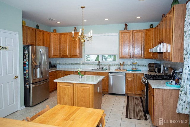 kitchen featuring pendant lighting, a center island, stainless steel appliances, sink, and backsplash