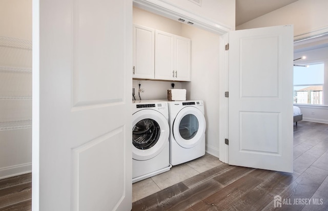 302 Nash Ave, West Windsor, NJ 08550 - washroom featuring baseboards, dark wood-style flooring, cabinet space, and washing machine and dryer