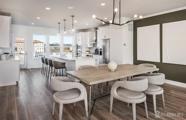 302 Nash Ave, West Windsor, NJ 08550 - dining space featuring crown molding, recessed lighting, dark wood-style flooring, and baseboards