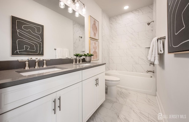 302 Nash Ave, West Windsor, NJ 08550 - bathroom with a sink, toilet, double vanity, and marble finish floor