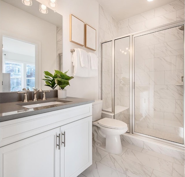 302 Nash Ave, West Windsor, NJ 08550 - full bath with vanity, a shower stall, toilet, and marble finish floor