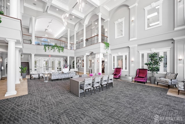 1 Jester Ct, Monroe, NJ 08831 - building lobby with a high ceiling, coffered ceiling, beam ceiling, and recessed lighting
