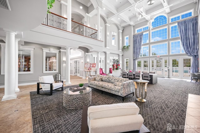 1 Jester Ct, Monroe, NJ 08831 - living area featuring decorative columns, a towering ceiling, beamed ceiling, coffered ceiling, and ornamental molding