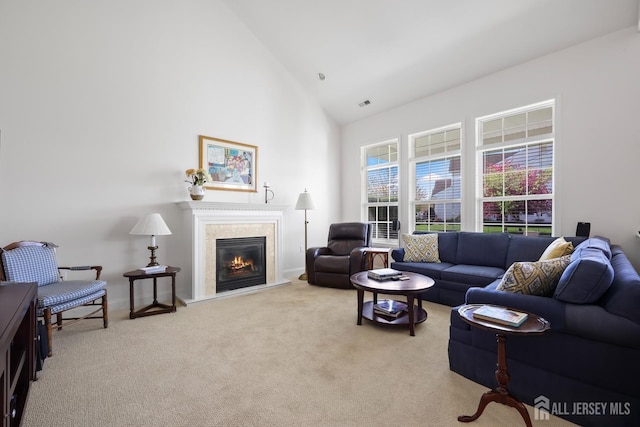 1 Jester Ct, Monroe, NJ 08831 - living room featuring carpet floors, high vaulted ceiling, a high end fireplace, and baseboards