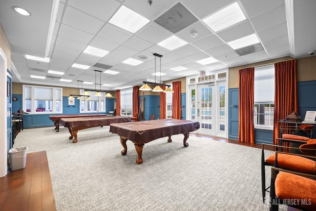 1 Jester Ct, Monroe, NJ 08831 - playroom featuring pool table, wood finished floors, a paneled ceiling, and french doors