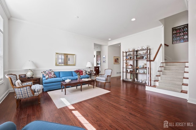 1 Jester Ct, Monroe, NJ 08831 - living room with wood finished floors, stairway, crown molding, baseboards, and recessed lighting