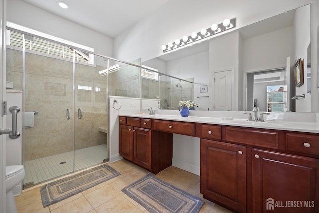 1 Jester Ct, Monroe, NJ 08831 - bathroom featuring a stall shower, double vanity, tile patterned flooring, and toilet