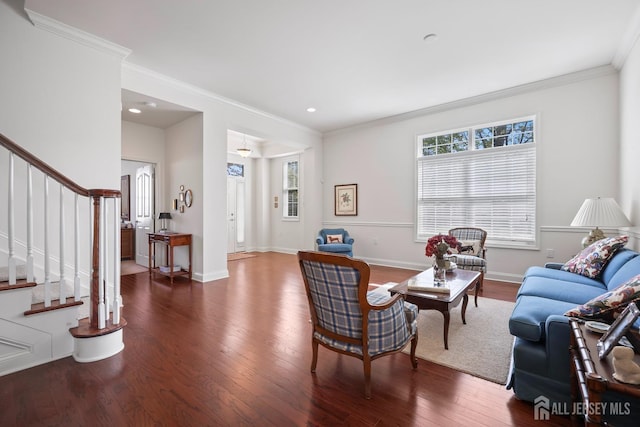 1 Jester Ct, Monroe, NJ 08831 - living area with ornamental molding, stairway, healthy amount of natural light, wood finished floors, and recessed lighting