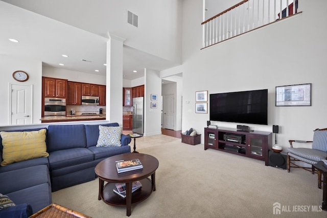 1 Jester Ct, Monroe, NJ 08831 - living area featuring light carpet, recessed lighting, and a high ceiling
