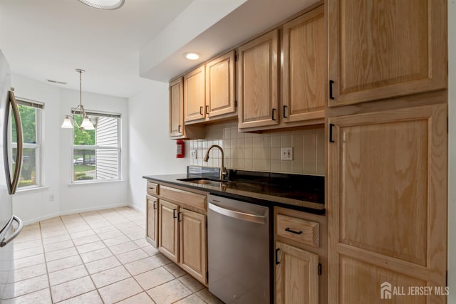 44 Treat Ln, East Brunswick, NJ 08816 - kitchen with appliances with stainless steel finishes, decorative backsplash, light tile patterned flooring, light brown cabinetry, and decorative light fixtures