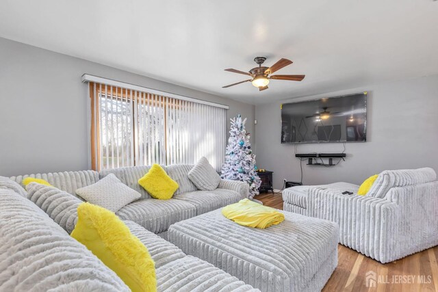 living room with hardwood / wood-style flooring and ceiling fan