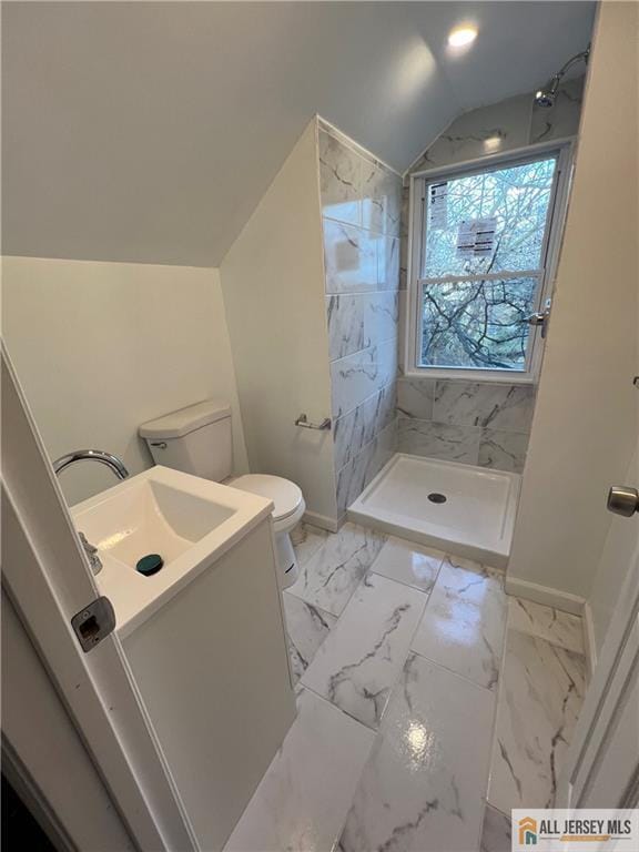 425 John St, Plainfield, NJ 07060 - full bath featuring toilet, baseboards, a shower stall, vanity, and lofted ceiling