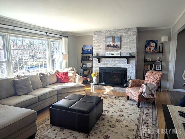 living area with crown molding, wood finished floors, a fireplace, and baseboards