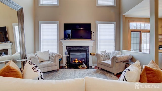 living room featuring a fireplace