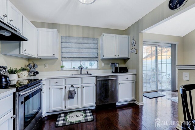 kitchen featuring sink, ventilation hood, appliances with stainless steel finishes, dark hardwood / wood-style flooring, and white cabinets