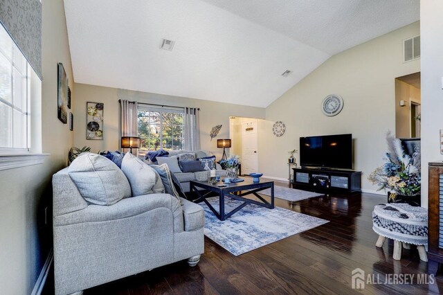 living room with dark hardwood / wood-style flooring, high vaulted ceiling, and a textured ceiling