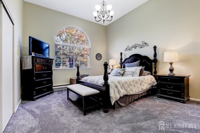 bedroom featuring a chandelier, vaulted ceiling, carpet, and a baseboard heating unit