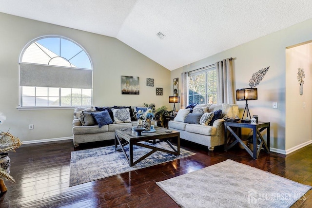 living room featuring lofted ceiling, dark hardwood / wood-style flooring, and a textured ceiling