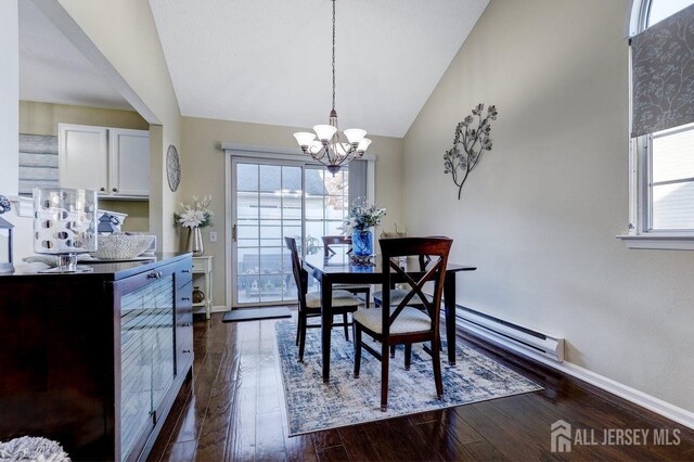 dining space featuring vaulted ceiling, a healthy amount of sunlight, and dark hardwood / wood-style floors