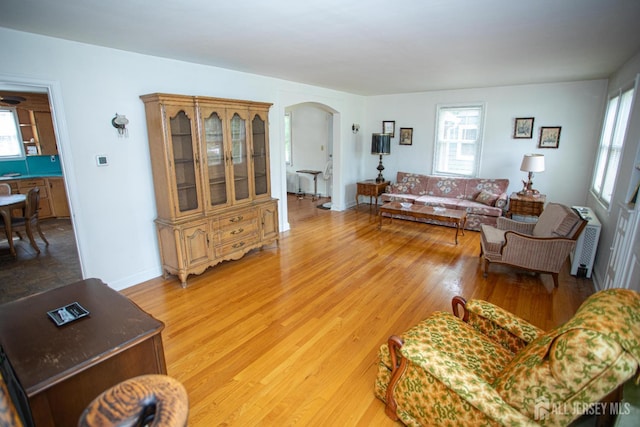 25 S Edward St S, Sayreville, NJ 08872 - living area featuring arched walkways, healthy amount of natural light, and light wood-style floors