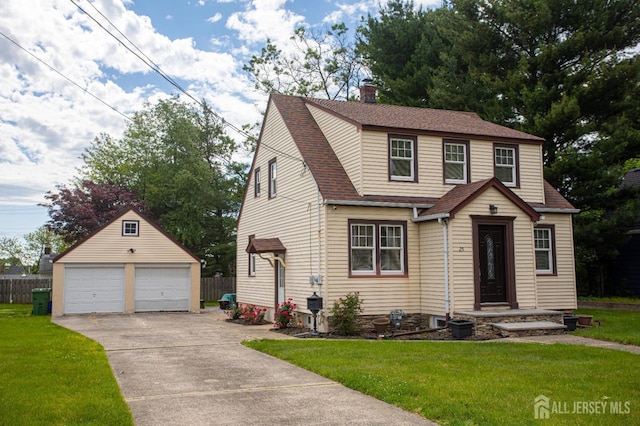 25 S Edward St S, Sayreville, NJ 08872 - traditional-style house with an outbuilding, a garage, a shingled roof, and a chimney