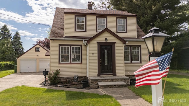 25 S Edward St S, Sayreville, NJ 08872 - view of front of home with a chimney, an outbuilding, a detached garage, a front yard, and roof with shingles