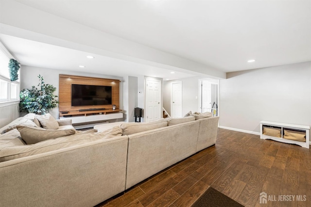 living room with dark wood-type flooring