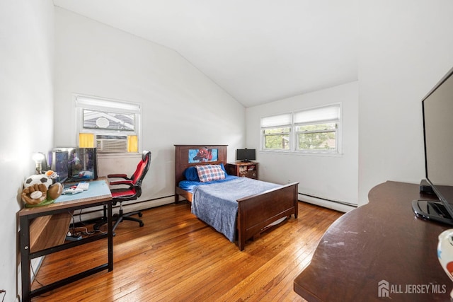 bedroom with lofted ceiling, cooling unit, baseboard heating, and wood finished floors