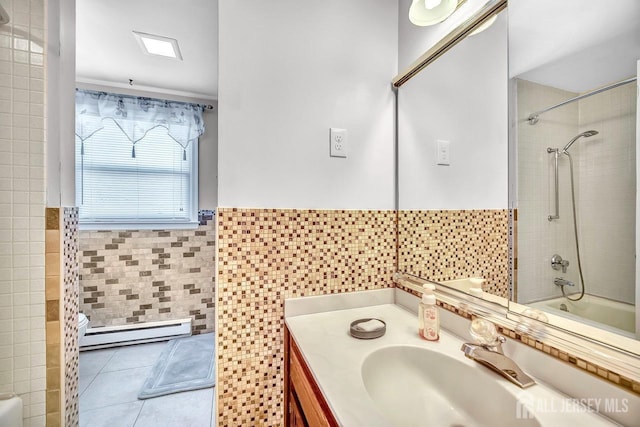 bathroom featuring baseboard heating, vanity, tile patterned floors, a wainscoted wall, and tile walls