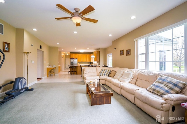 4 Cottonwood Ct, Plainsboro, NJ 08536 - living room with recessed lighting, a ceiling fan, light carpet, and baseboards