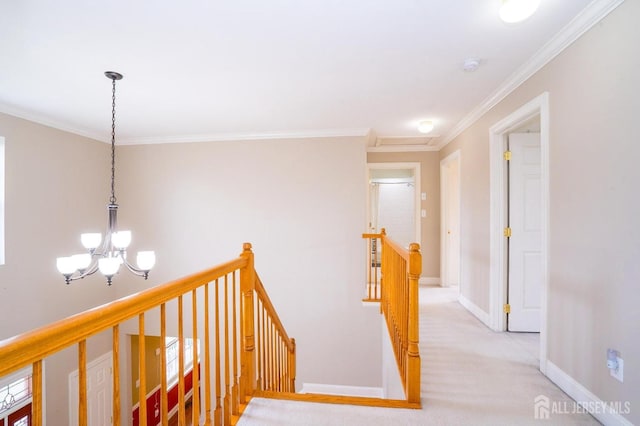 4 Cottonwood Ct, Plainsboro, NJ 08536 - hall featuring an upstairs landing, a chandelier, ornamental molding, baseboards, and light carpet