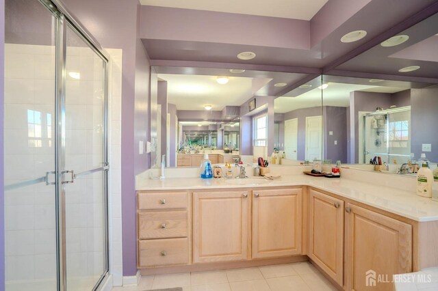4 Cottonwood Ct, Plainsboro, NJ 08536 - full bathroom featuring a stall shower, vanity, and tile patterned flooring