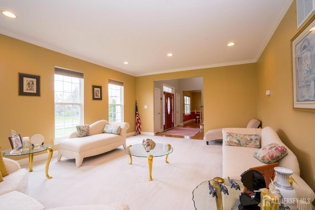 4 Cottonwood Ct, Plainsboro, NJ 08536 - living room with ornamental molding, carpet flooring, recessed lighting, and baseboards