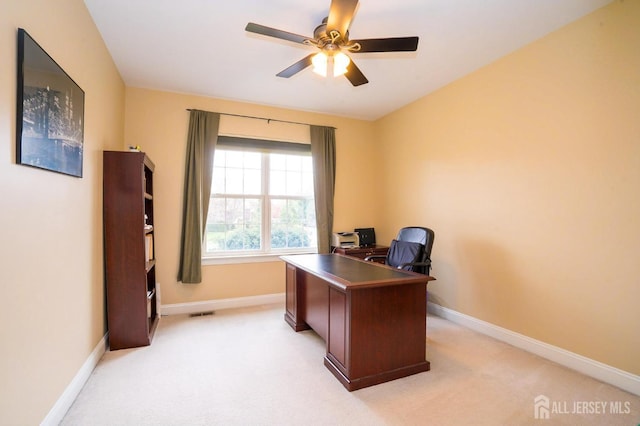 4 Cottonwood Ct, Plainsboro, NJ 08536 - home office featuring ceiling fan, baseboards, and light carpet