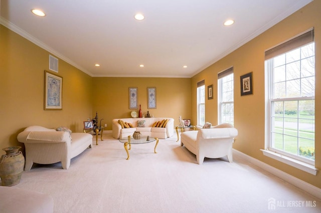 4 Cottonwood Ct, Plainsboro, NJ 08536 - living area featuring light colored carpet, recessed lighting, plenty of natural light, baseboards, and ornamental molding