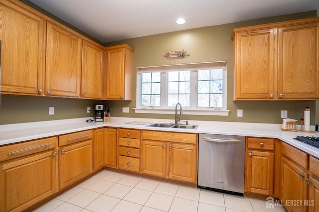 4 Cottonwood Ct, Plainsboro, NJ 08536 - kitchen featuring a sink, dishwasher, light countertops, brown cabinetry, and recessed lighting