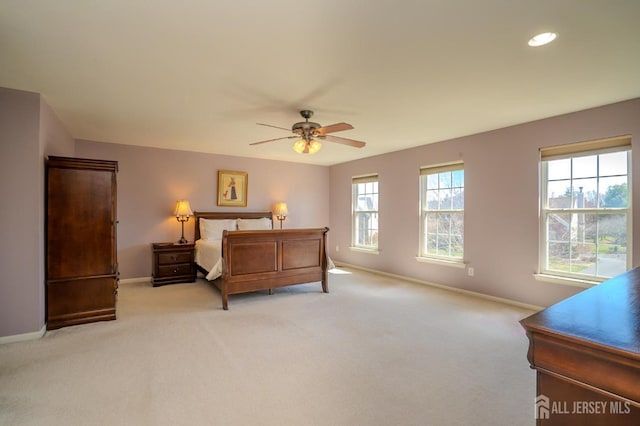 4 Cottonwood Ct, Plainsboro, NJ 08536 - bedroom with baseboards, light colored carpet, recessed lighting, and a ceiling fan