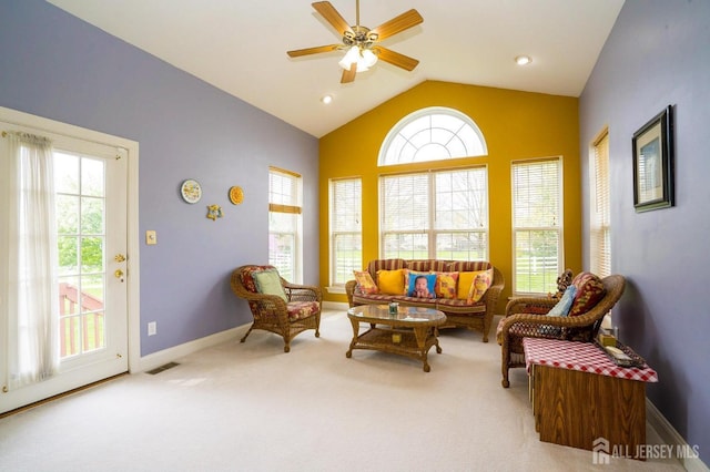 4 Cottonwood Ct, Plainsboro, NJ 08536 - living area with healthy amount of natural light, vaulted ceiling, carpet floors, ceiling fan, and baseboards